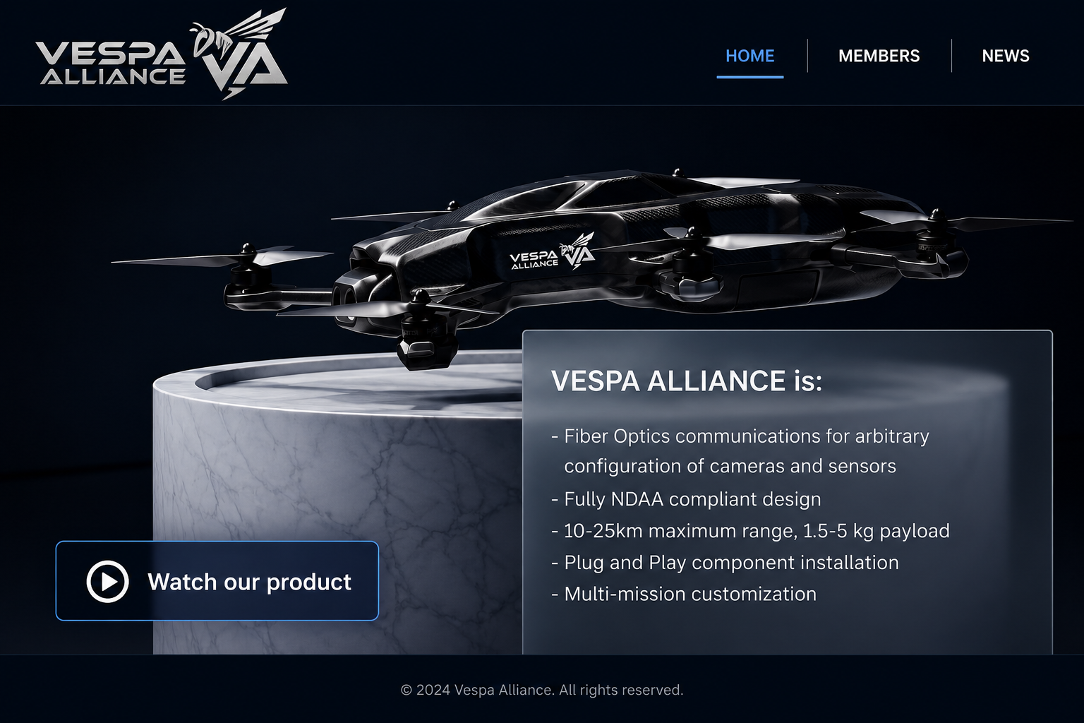 Vespa Alliance UAV hero page with product features